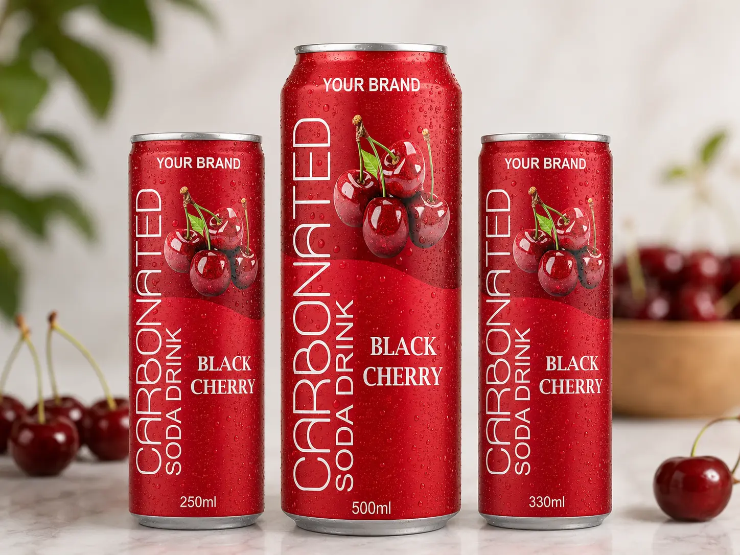 CARBONATED SODA DRINK Black Cherry flavour in 250ml, 500ml and 330ml cans.